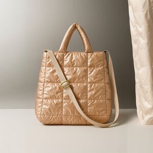 Metallic Rose Gold Quilted Puffer Crossbody Tote Bag – Adjustable Strap